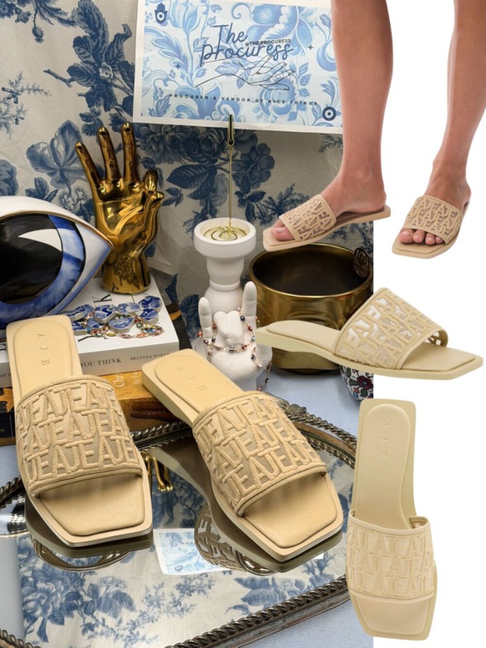 🆕 AJE 🧿 NWOB Esme Logo Embroidered Slide Sandal, Bleached Sand - Sz 37 US 7